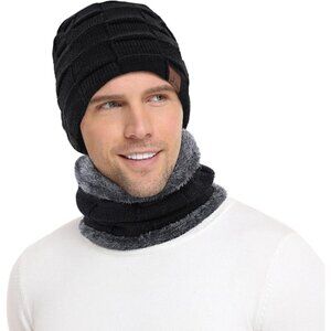 Men's Black 1 Winter Warm Knit Skull Cap Neck Warmer Fleece Lined Hat Scarf Set